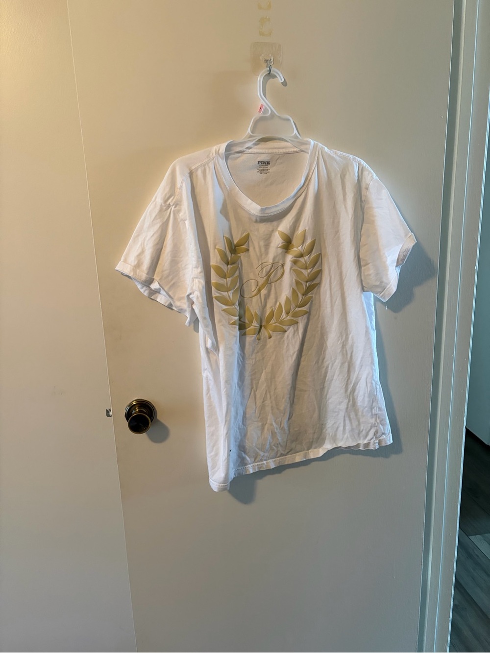 PINK Victoria's Secret White Tee with Gold Laurel Graphic